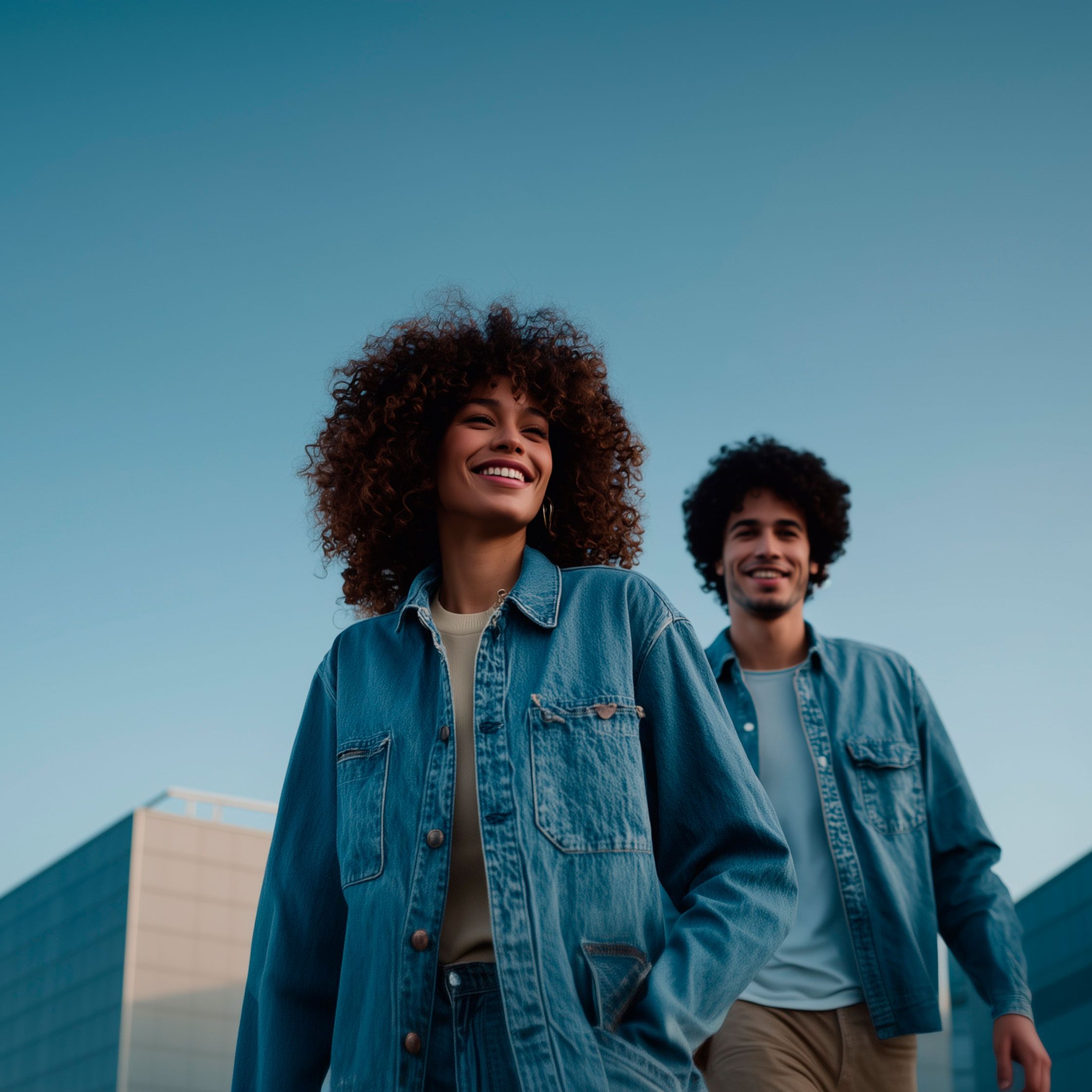 Frau und Mann gehen in neutralen Farben gekleidet die Straße entlang.