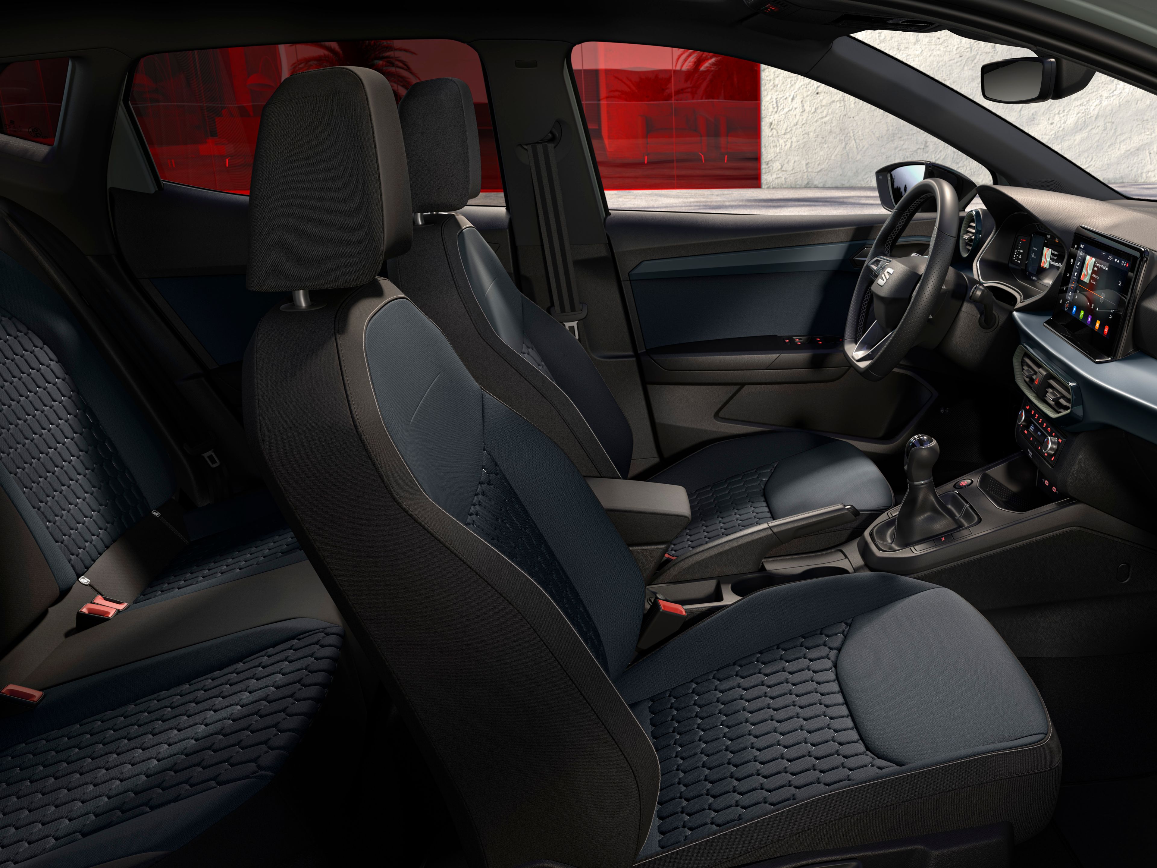 Innenraumdetails des SEAT Ibiza, inklusive geprägter Standardsitze für Style in AURORA.