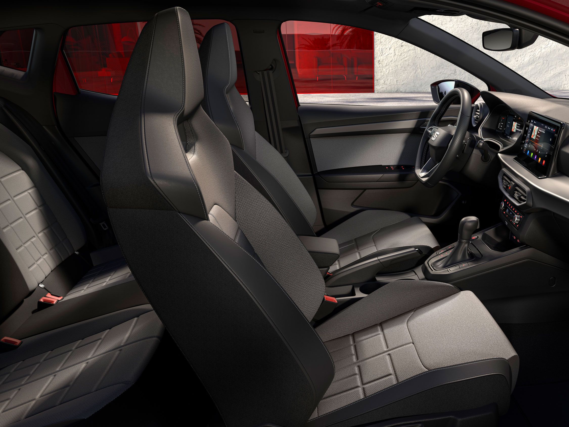 Innenraumdetails des SEAT Ibiza, inklusive geprägter Sportsitze für FR in NUANCE.