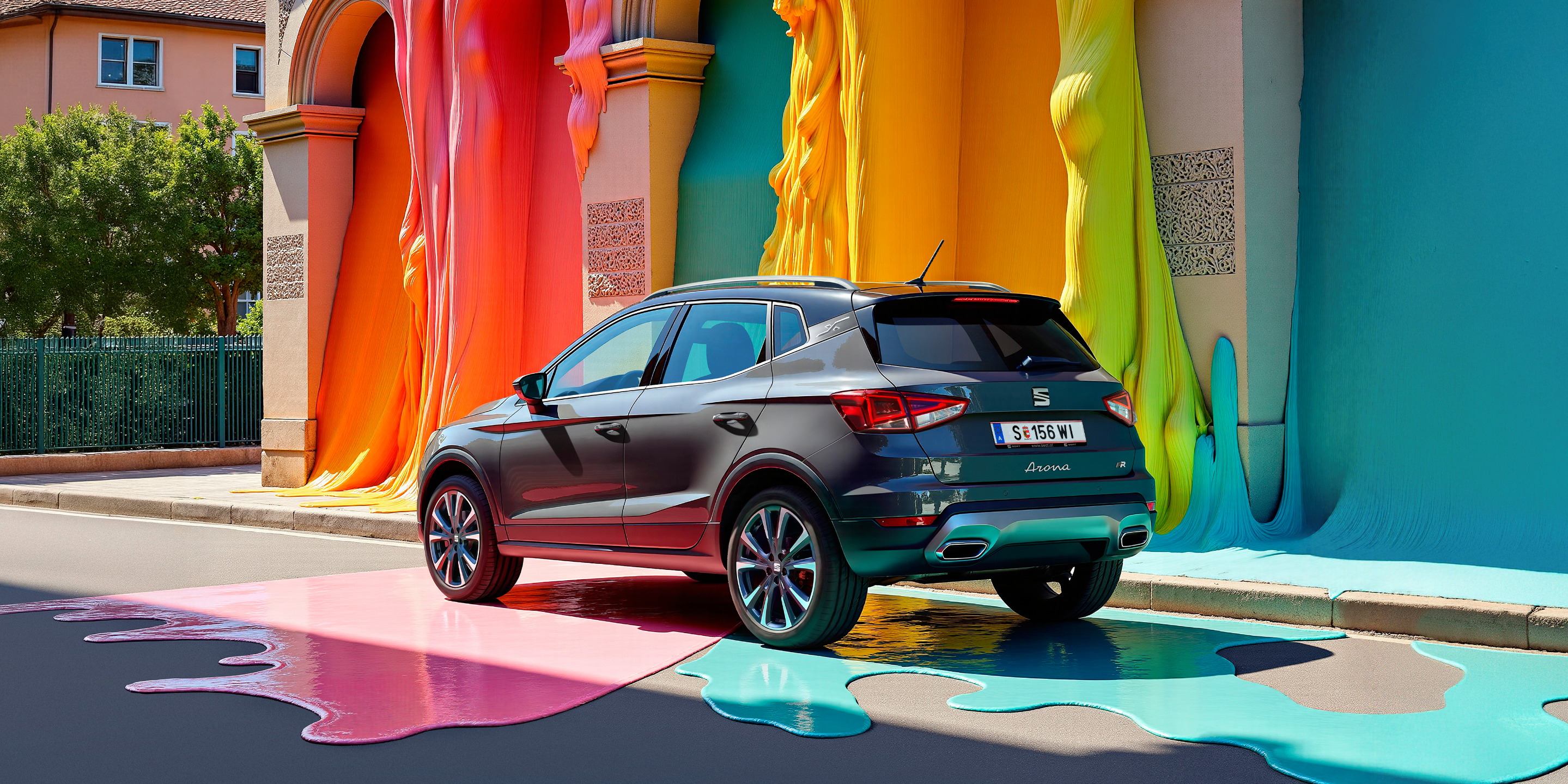 SEAT Arona Seitenansicht mit Haus und bunter Farbe im Hintergrund